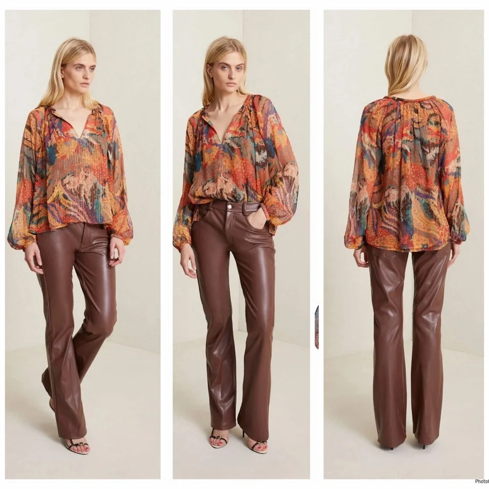 A.L.C. Top Women’s Multicolor Print Blouse Long Sleeve V-Neck $395 Size 6 - Picture 3 of 9